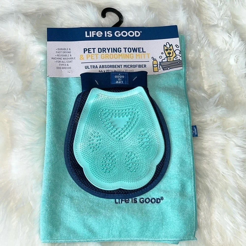 🆕 Life is Good Microfiber Pet Towel and Grooming Mitt Set
